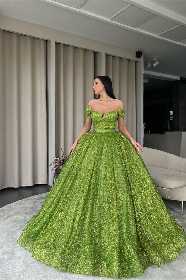 Off-The-Shoulder Ball Gown Evening Dress With Sequins in Green