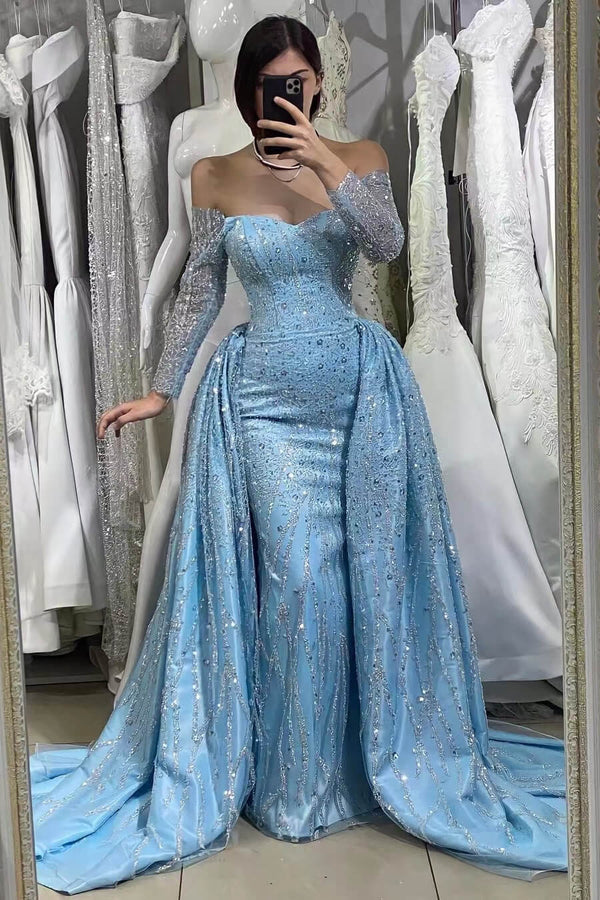 Blue Sequins Off-The-Shoulder Sweetheart Evening Dress with Long Sleeves and Beads