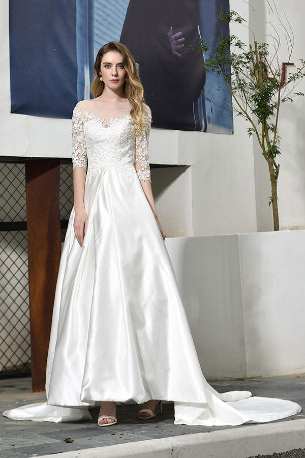 Bmbride Lace-up A-Line Applique Satin Wedding Dress