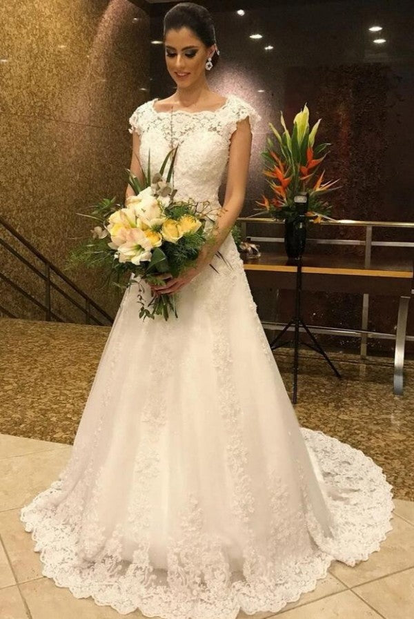 Bmbride Simple Long A-line Lace Jewel Floor Length Wedding Dress