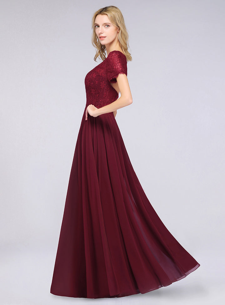 Burgundy A-line Short Sleeves Lace Floor-Length Dress Koscy 5