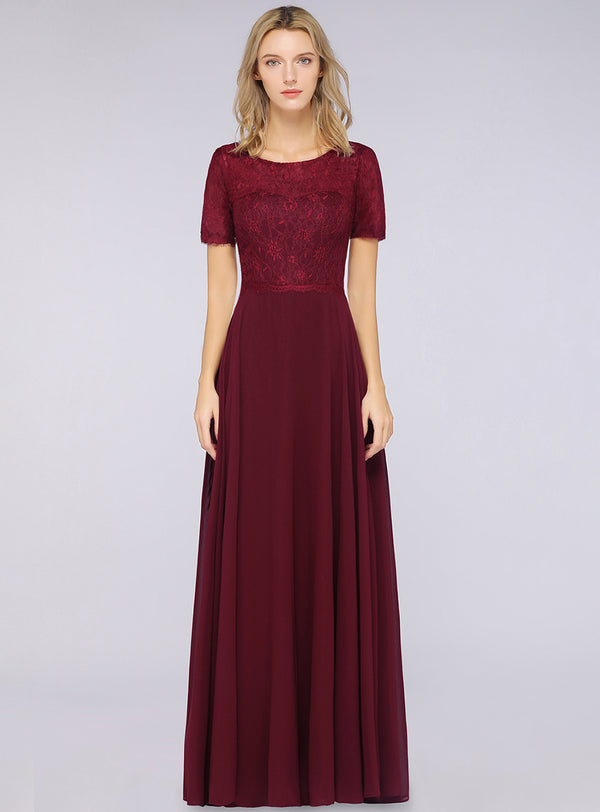 Burgundy A-line Short Sleeves Lace Floor-Length Dress Koscy 1 