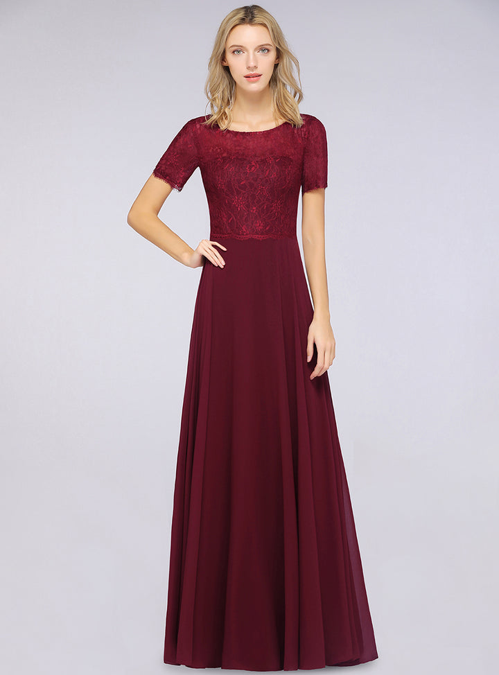 Burgundy A-line Short Sleeves Lace Floor-Length Dress Koscy 6