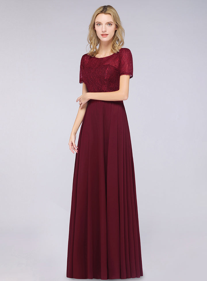 Burgundy A-line Short Sleeves Lace Floor-Length Dress Koscy 7