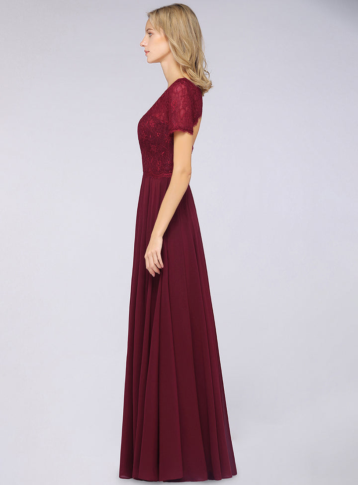 Burgundy A-line Short Sleeves Lace Floor-Length Dress Koscy 8