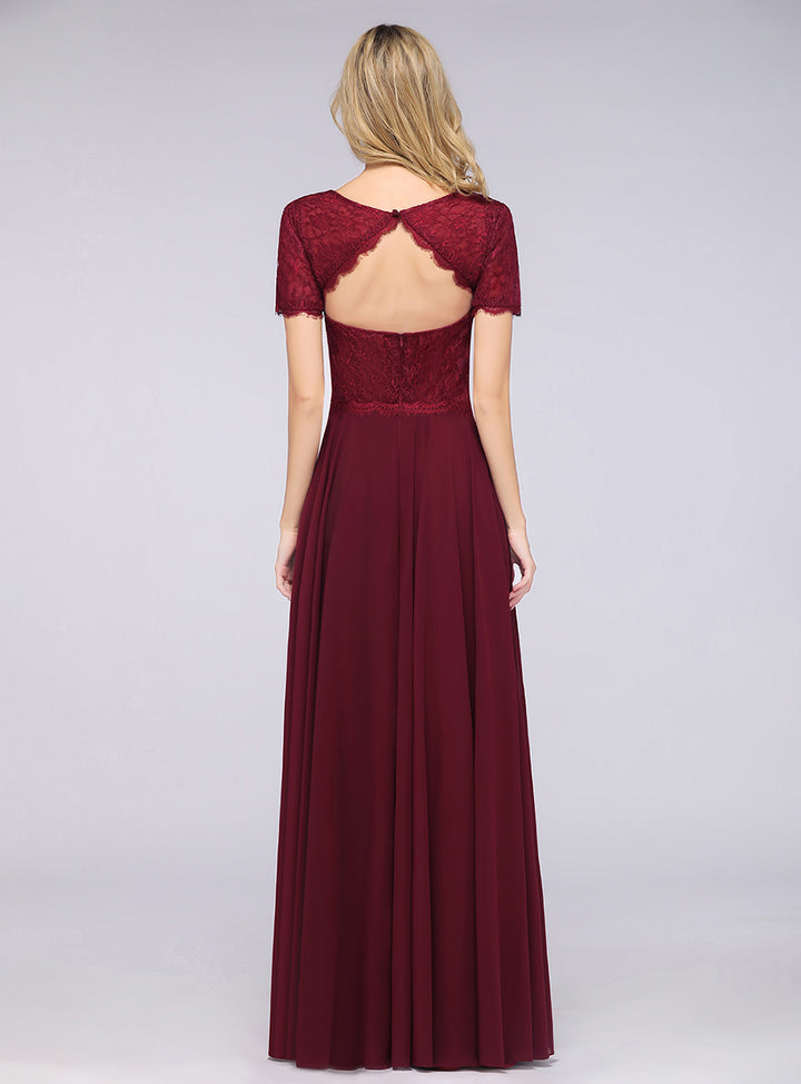 Burgundy A-line Short Sleeves Lace Floor-Length Dress Koscy 2