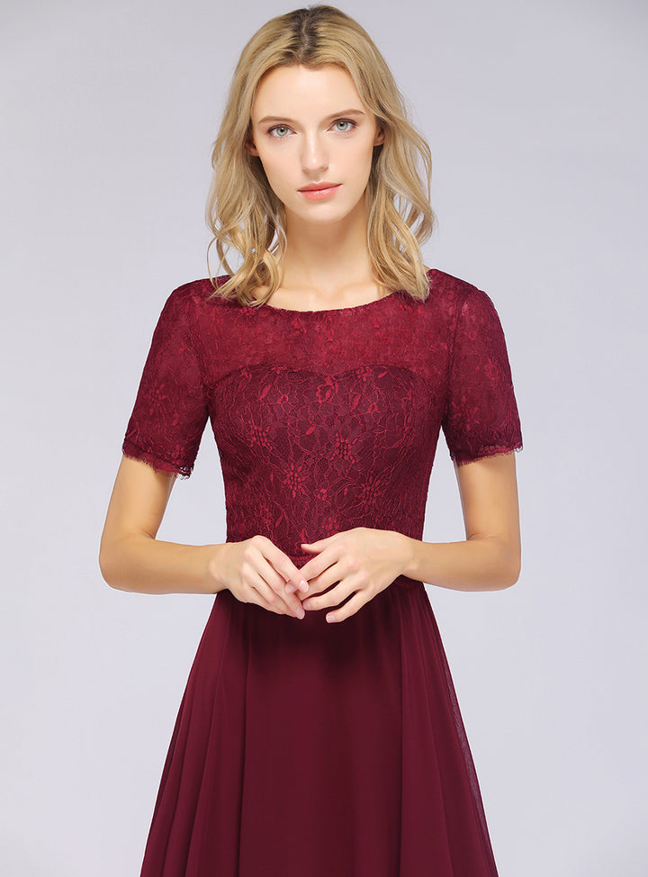 Burgundy A-line Short Sleeves Lace Floor-Length Dress Koscy 9