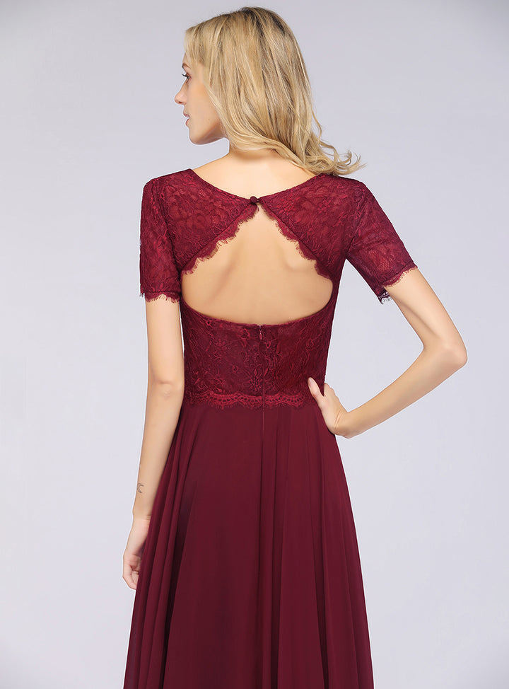 Burgundy A-line Short Sleeves Lace Floor-Length Dress Koscy 10