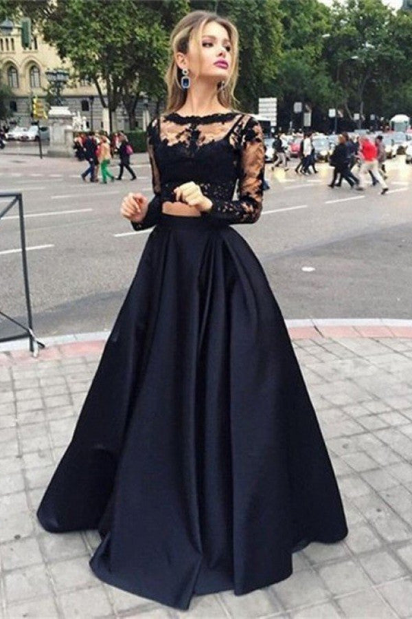 Two-Piece Black Lace Prom Dress with Long Sleeves