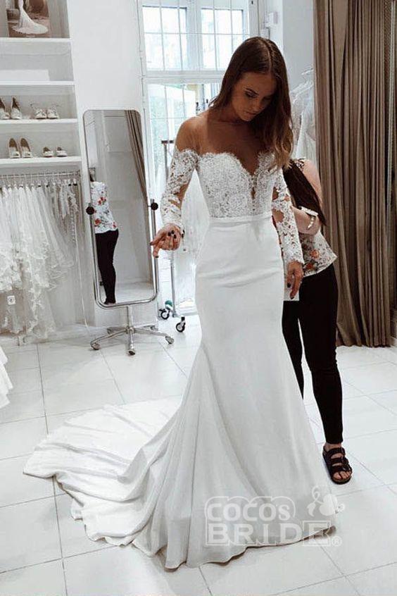 Bmbride Off the Shoulder Mermaid Wedding Dress with Long Sleeves