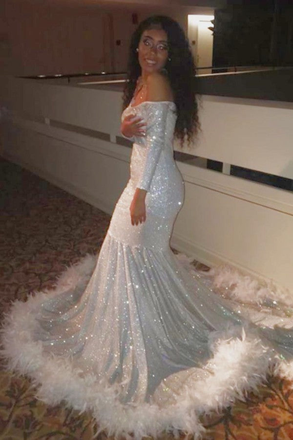 Off-the-Shoulder Sequins Mermaid Long Prom Dress With Feather and Long Sleeves