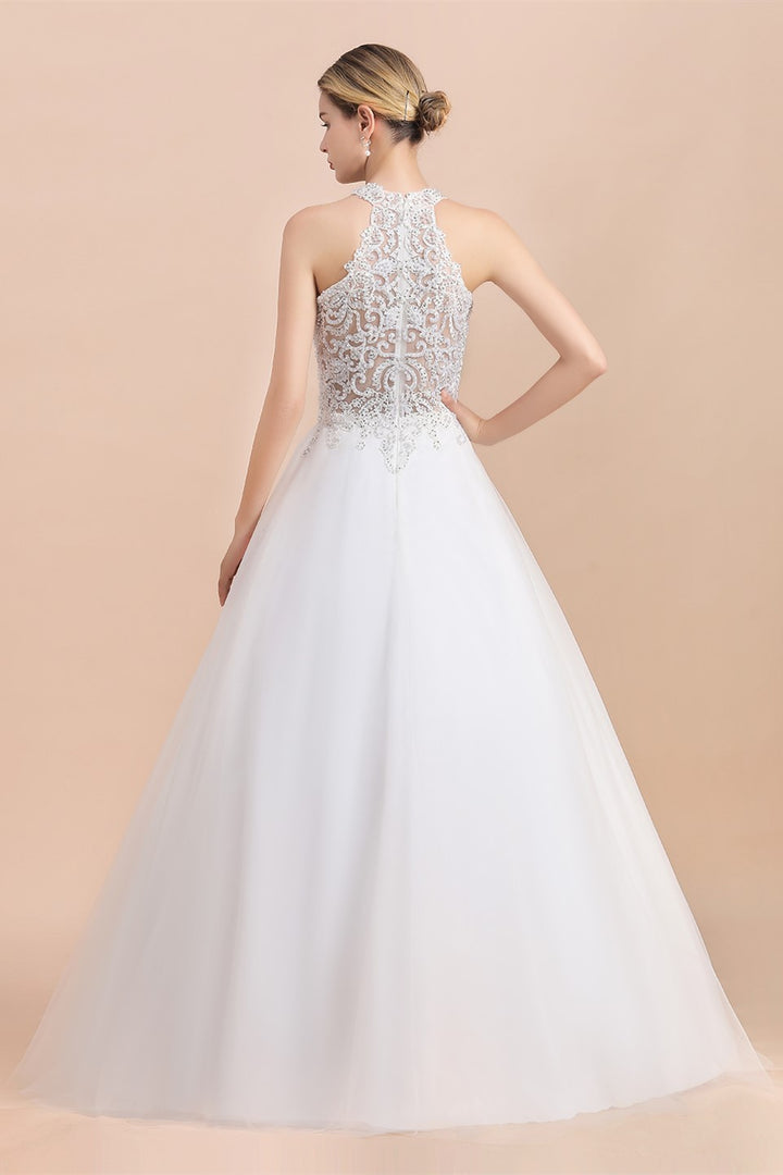 Bmbride Sleeveless Wedding Dress with Halter Lace Appliques and A-line Sequins