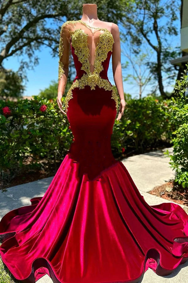 Long sleeves One shoulder Gold Appliques Burgundy Prom Dress