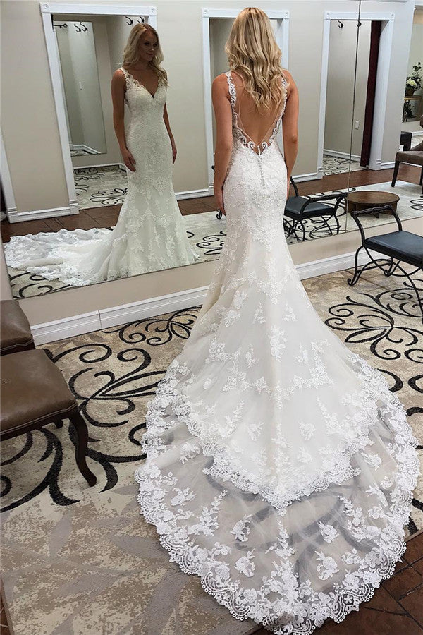 Bmbride Fitted Mermaid Wedding Dress with Straps V Neck Applique Charpel Train and Backless