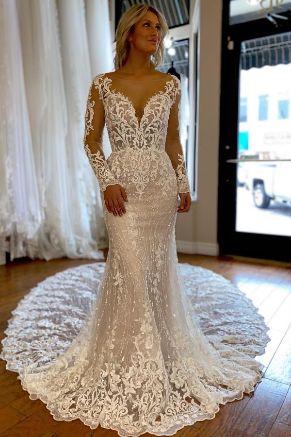 Bmbride Mermaid V-neck Tulle Lace Wedding Dress with Ruffles