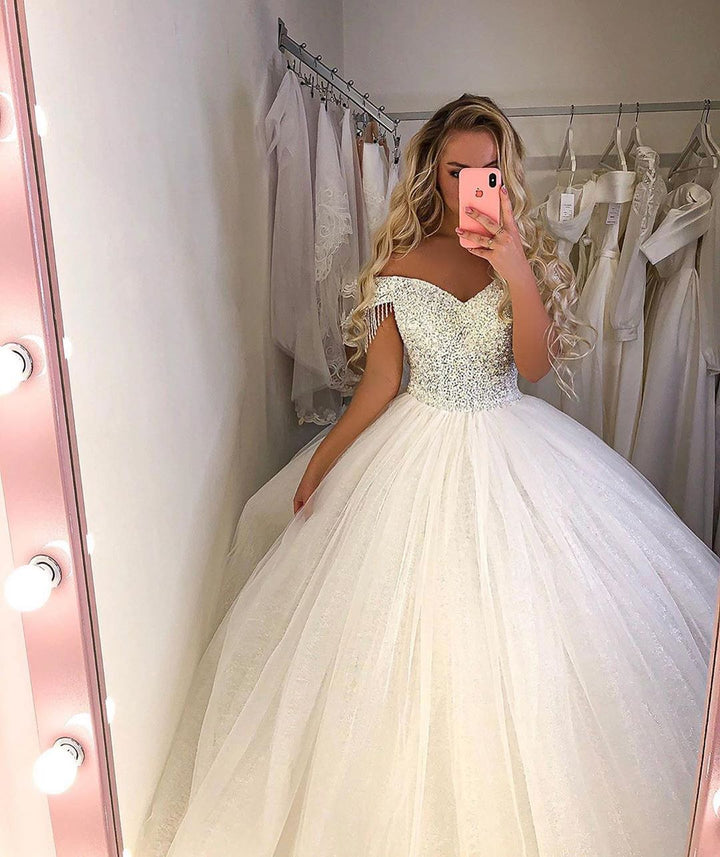 Bmbride Luxurious Long Princess Off-the-Shoulder Tulle Wedding Gown