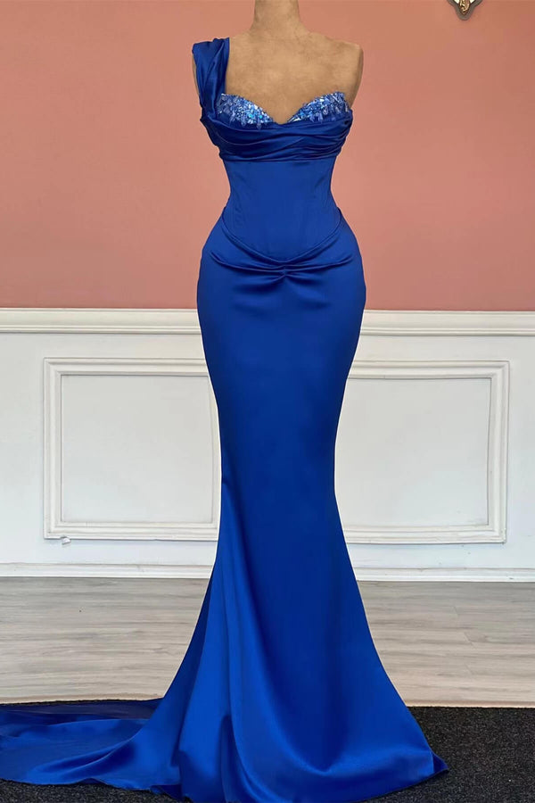 Royal Blue One-Shoulder Long Sweetheart Mermaid Prom Dress With Sequins