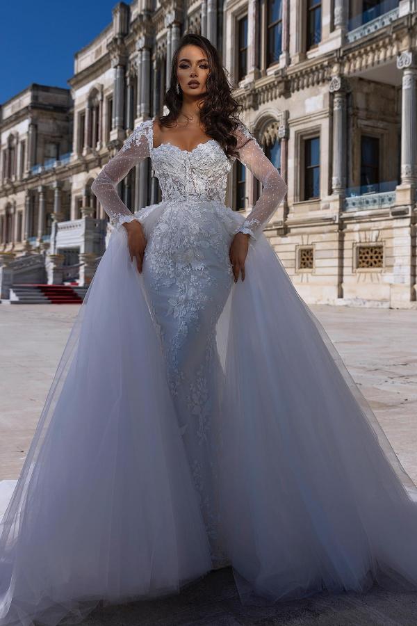 Bmbride Sweetheart Long Sleeve Lace Mermaid Wedding Dress With Detachable Train