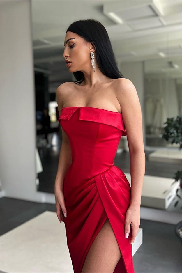 Strapless Charmeuse Mermaid Evening Dress with Red Split