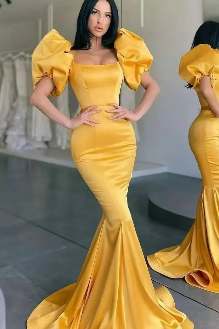 Yellow Square Bubble Sleeves Mermaid Long Prom Dress