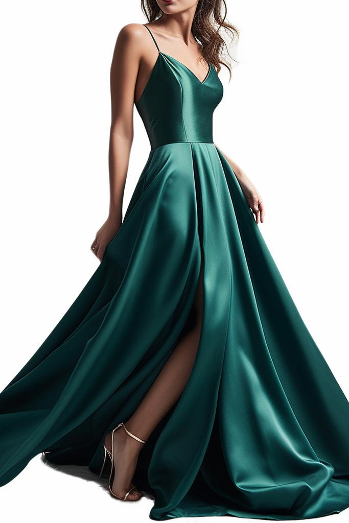 Green Spaghetti Strap Charmeuse Prom Dress with Slit