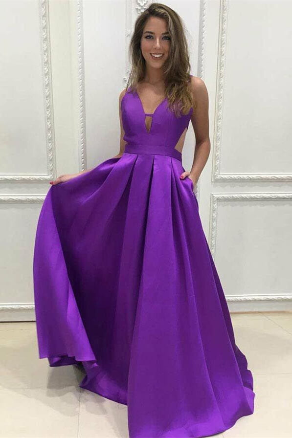 Purple V-Neck Sleeveless A-Line Prom Dress With Pockets