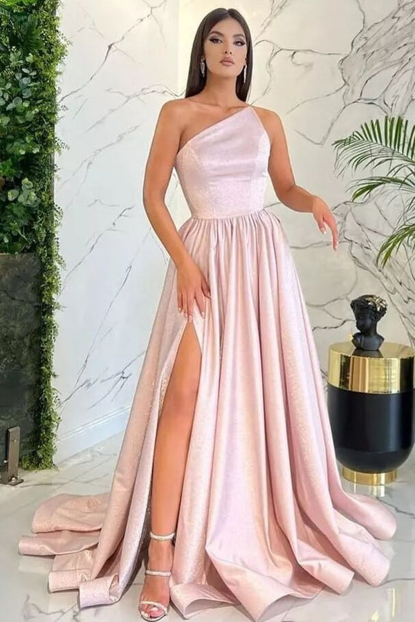 Light Pink Vintage One Shoulder Sleeveless Evening Dress With Slit