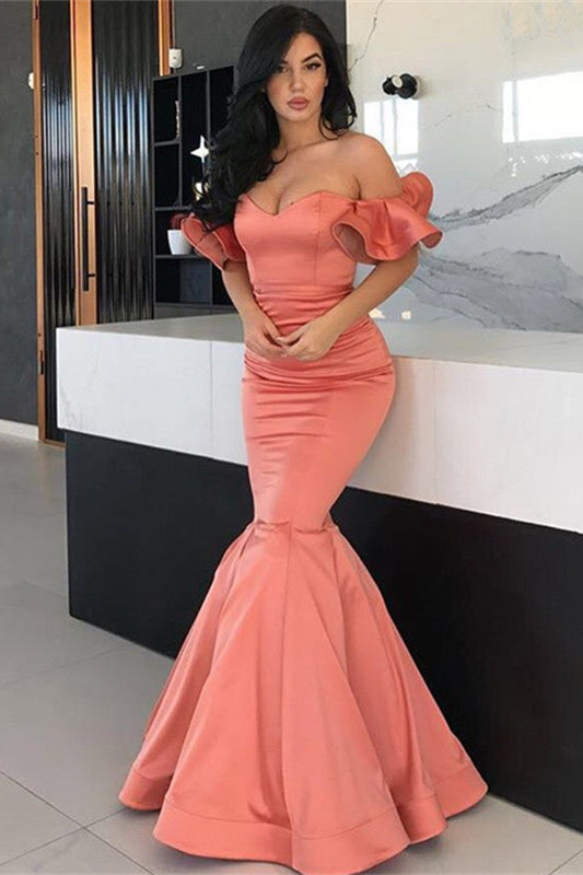 Off-the-Shoulder Mermaid Long Prom Dress in Coral