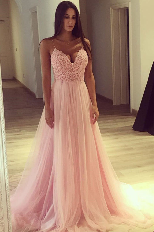 Pink Tulle Lace Prom Dress with Spaghetti-Straps