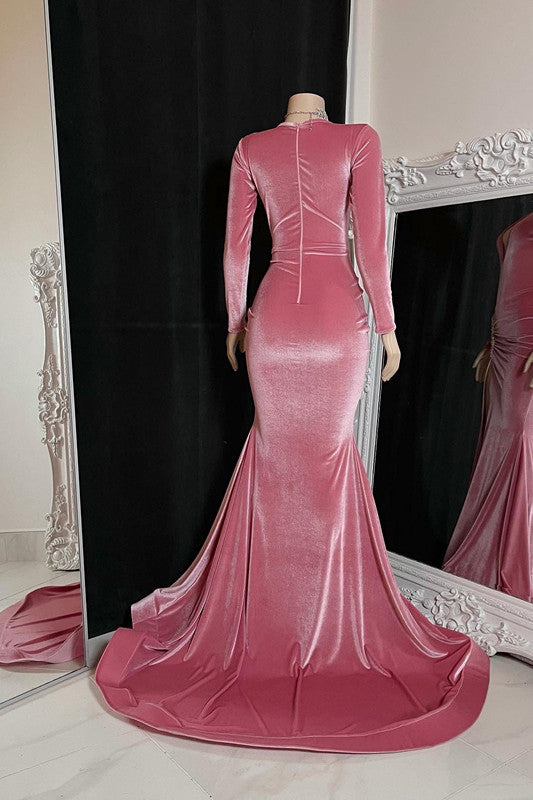 Red Long Sleeve Prom Dress with High Slit and Pleated Design