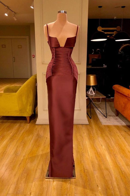 Burgundy Spaghetti-Straps V-Neck Mermaid Prom Dress: