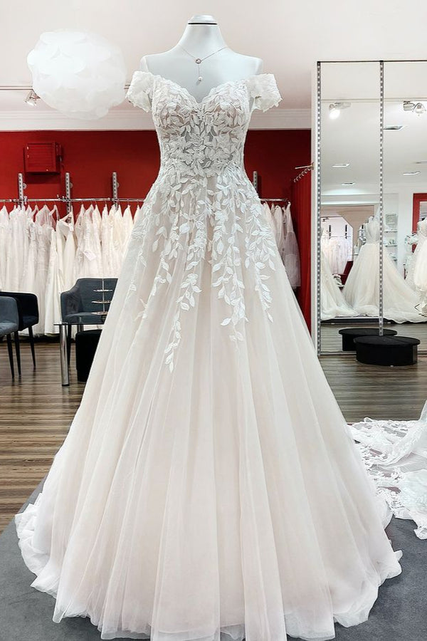 Bmbride Long A-line Off-the-Shoulder Tulle Lace Ruffles Wedding Dress