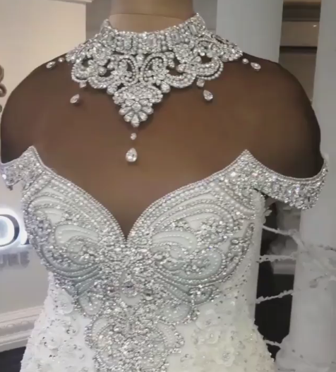 Bmbride Off-the-Shoulder Mermaid Wedding Dress with Appliques and Crystals