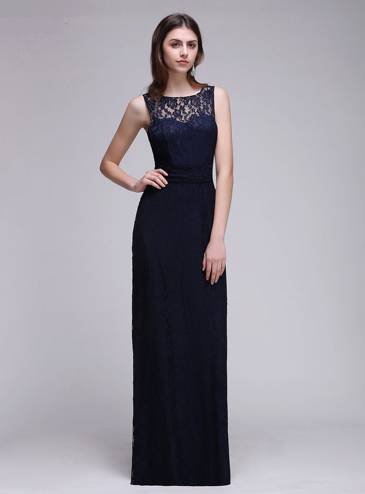 Dark Navy A-line Scoop Neck Sleeveless Lace Floor-Length Dress Koscy 1