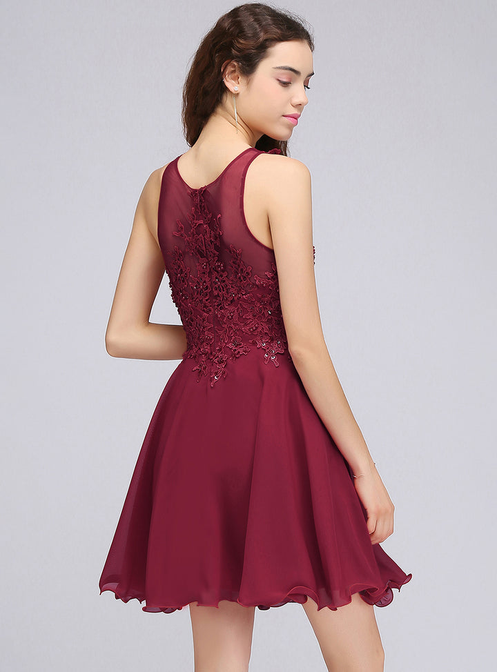 Burgundy A-line Scoop Neck Lace Chiffon Knee-Length Dress  Koscy 3