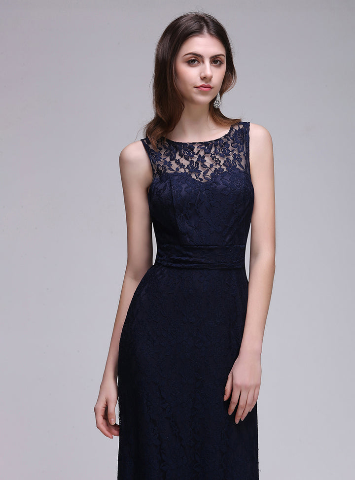 Dark Navy A-line Scoop Neck Sleeveless Lace Floor-Length Dress Koscy 2