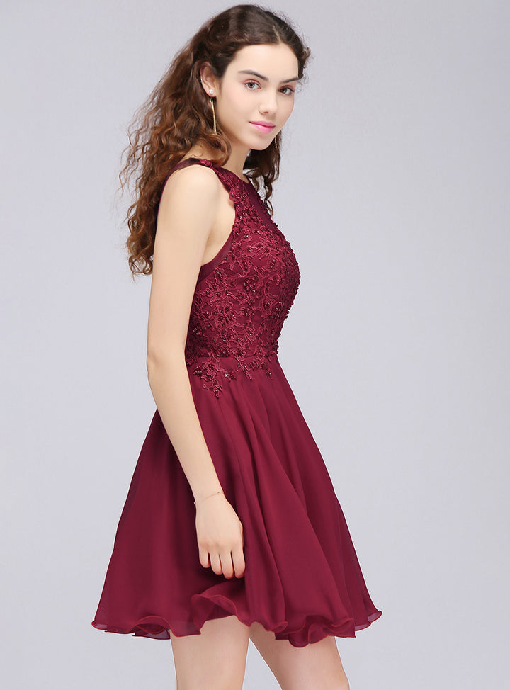 Burgundy A-line Scoop Neck Lace Chiffon Knee-Length Dress  Koscy 2