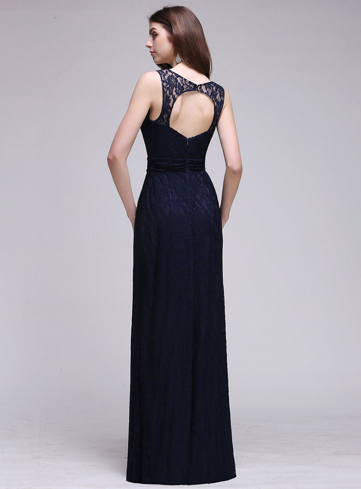 Dark Navy A-line Scoop Neck Sleeveless Lace Floor-Length Dress Koscy 5