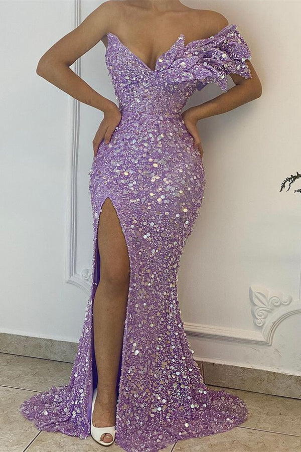 Lilac V-Neck Off-The-Shoulder Mermaid Prom Dress with Sequin Split