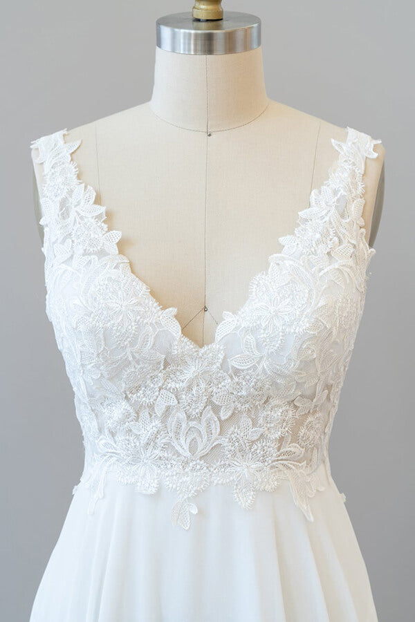 Bmbride Chiffon A-line Wedding Dress with V-neck Appliques