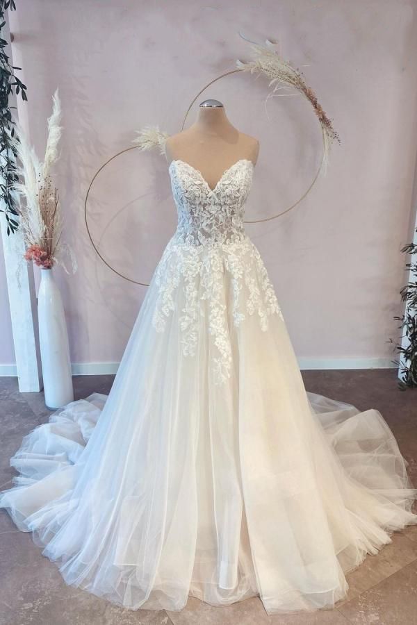 Bmbride A-line Sweetheart Tulle Wedding Dress with Lace