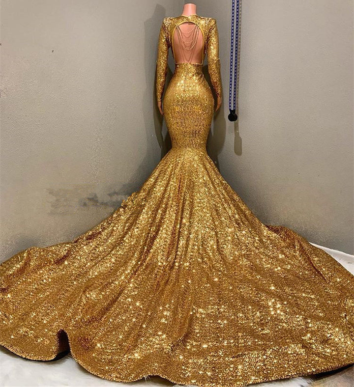 Mermaid Prom Dress with Applique Gold Long Sleeves V-Neck