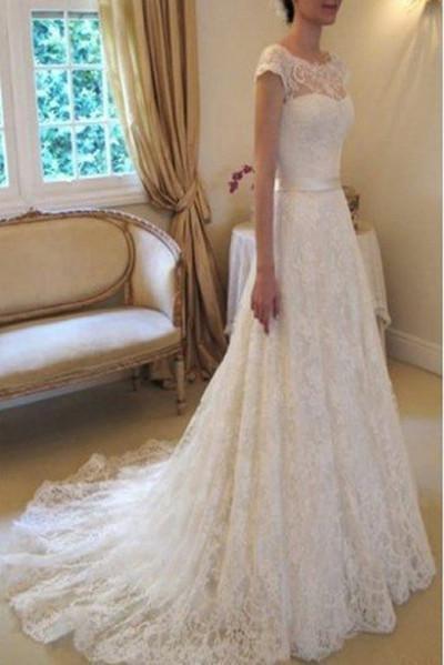 Bmbride Ivory Beach Wedding Dress with Cap Sleeve Lace and Court Train