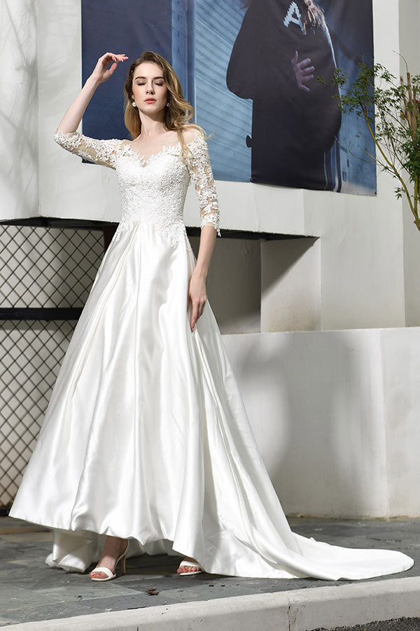 Bmbride Lace-up A-Line Applique Satin Wedding Dress