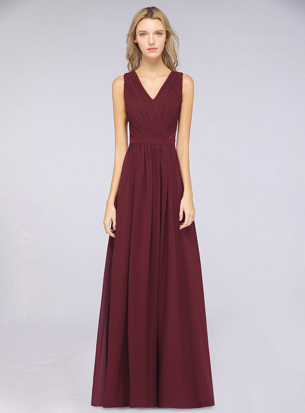 Burgundy A-line Ruched Chiffon Floor-Length Dress V-Neck Koscy 1