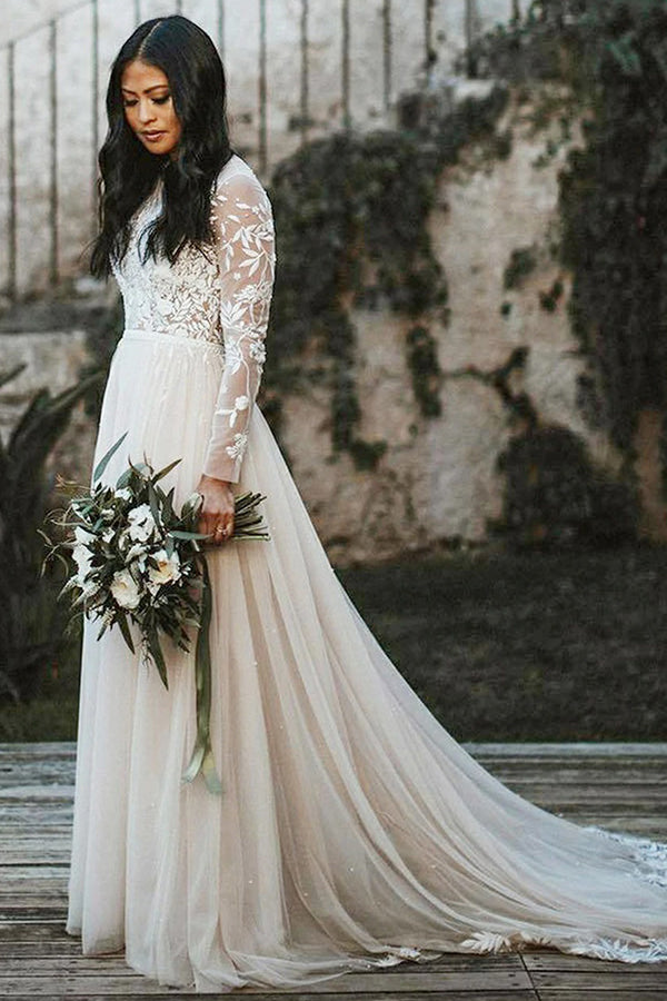 Bmbride A-line Lace Long Sleeve Scoop Sweep Train Wedding Dress