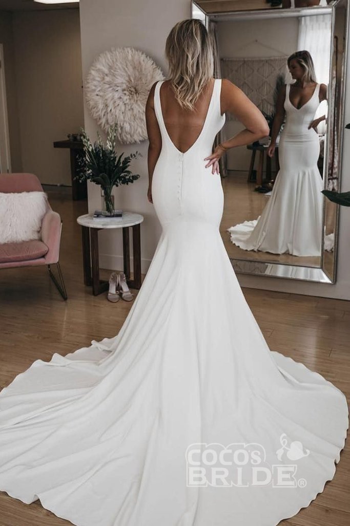 Bmbride V Neck Mermaid Long Train Backless Beach Wedding Dress