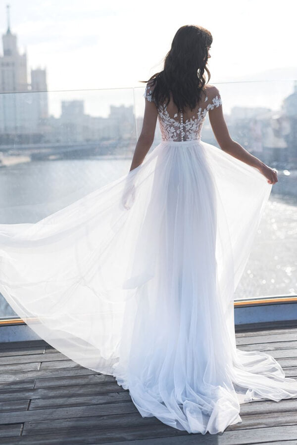 Bmbride A-line Wedding Dress with Front Slit Appliques Tulle