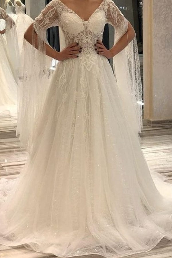 Bmbride A-Line Deep V-neck Short Sleeve Backless Appliques Lace Pearl Floor-length Wedding Dress