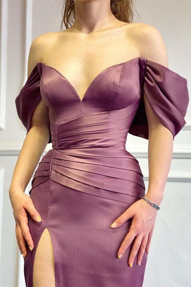Purple Off-The-Shoulder V-Neck Mermaid Prom Dress With Split - Vintage Style